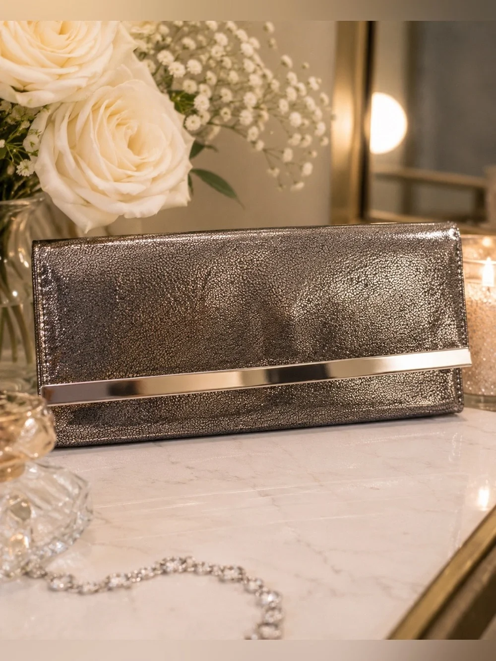Metallic Silver Envelope Clutch Evening Bag Formal Wedding Purse